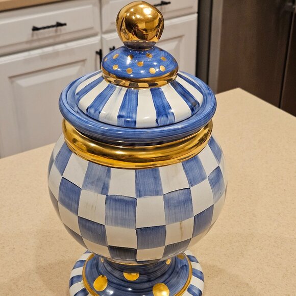 RARE MACKENZIE CHILDS BLUE ROYAL CHECK AURORA CERAMIC GLOBE CANISTER JAR DISH